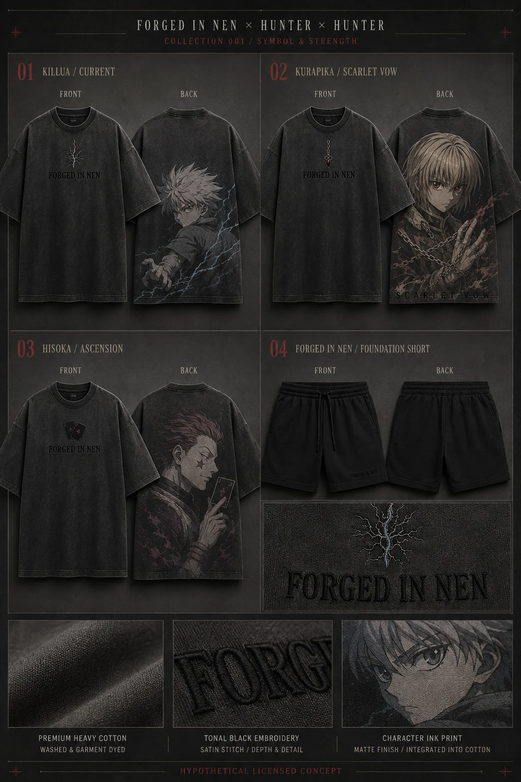 Killua / Current fan-art tee concept, front and back: washed charcoal with a centered electrical emblem above black FORGED IN NEN lettering, and a muted blue Killua illustration.
